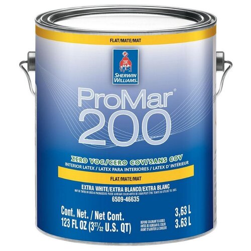 SW ProMar 200 Zero VOC Interior Latex Flat Долговечная интерьерная винил-акриловая краска (под колеровку, глубокоматовая, база ULTRADEEP, 3,63 л)