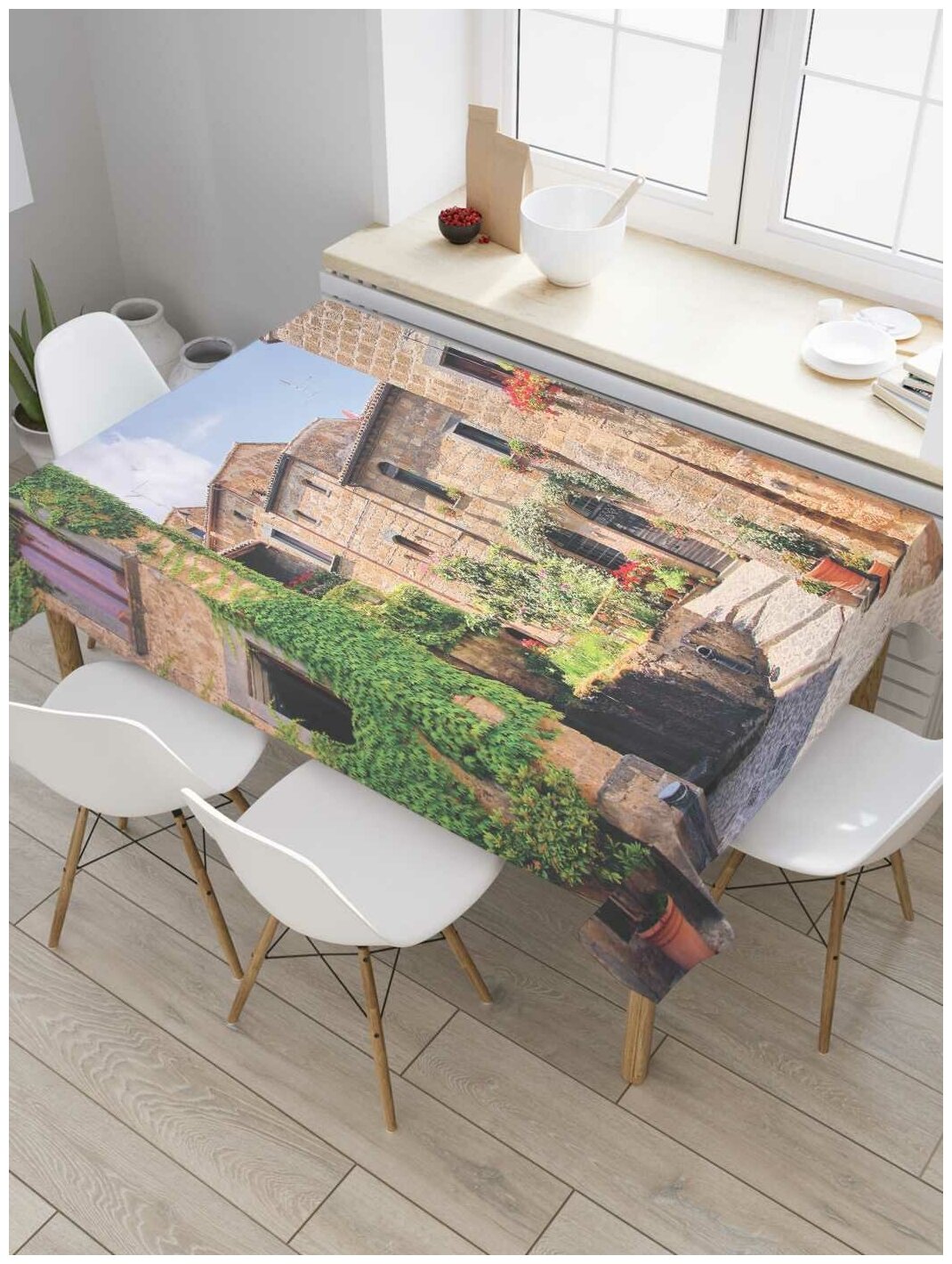 Скатерть прямоугольная JoyArty на кухонный стол "Цветущие улицы" из оксфорда, 120x145 см