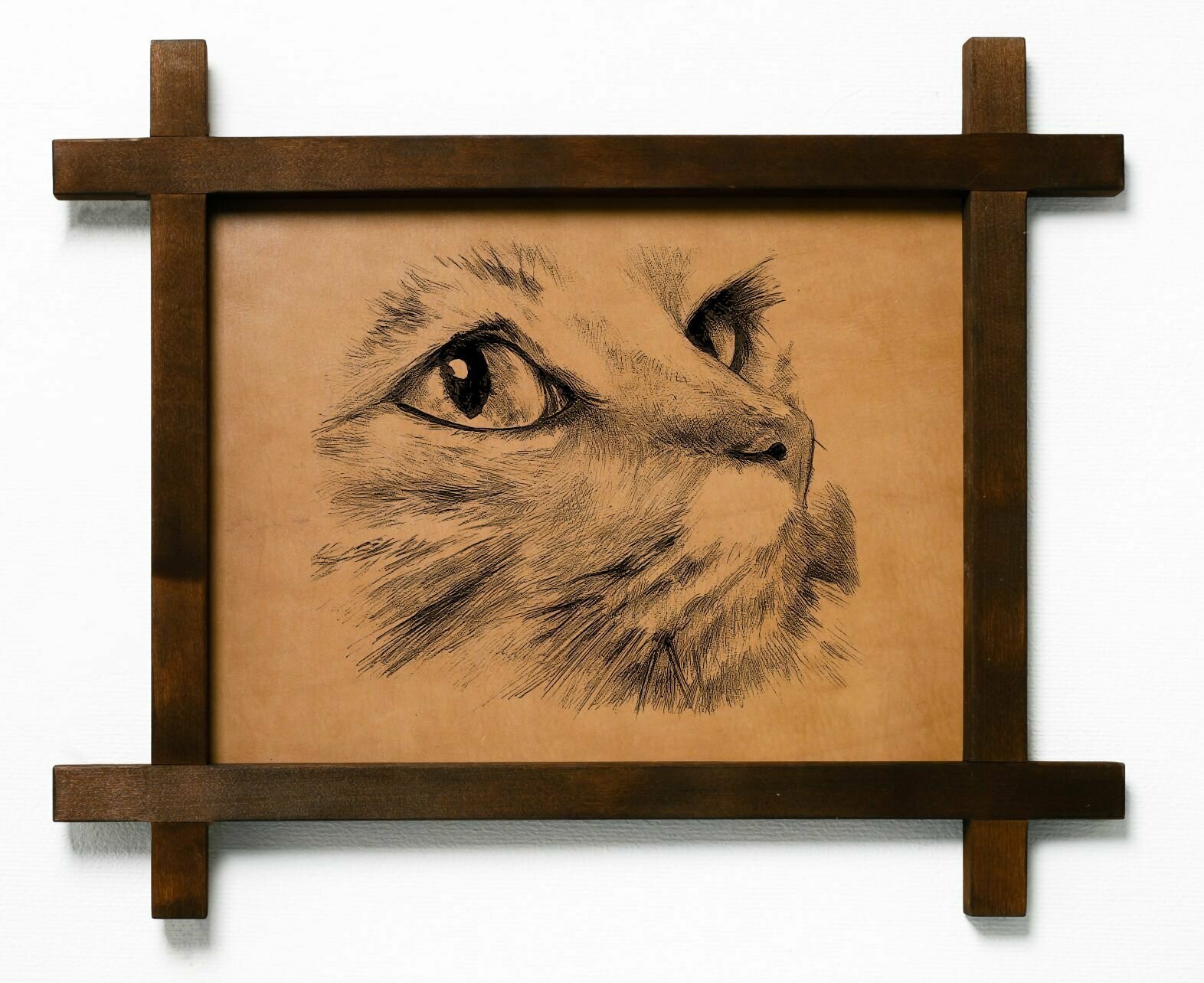 Картина "Кошка", интерьерная для украшения и декора на стену кухни гостиной детской комнаты спальни в деревянной рамке, подарок, натуральная кожа, BoomGift