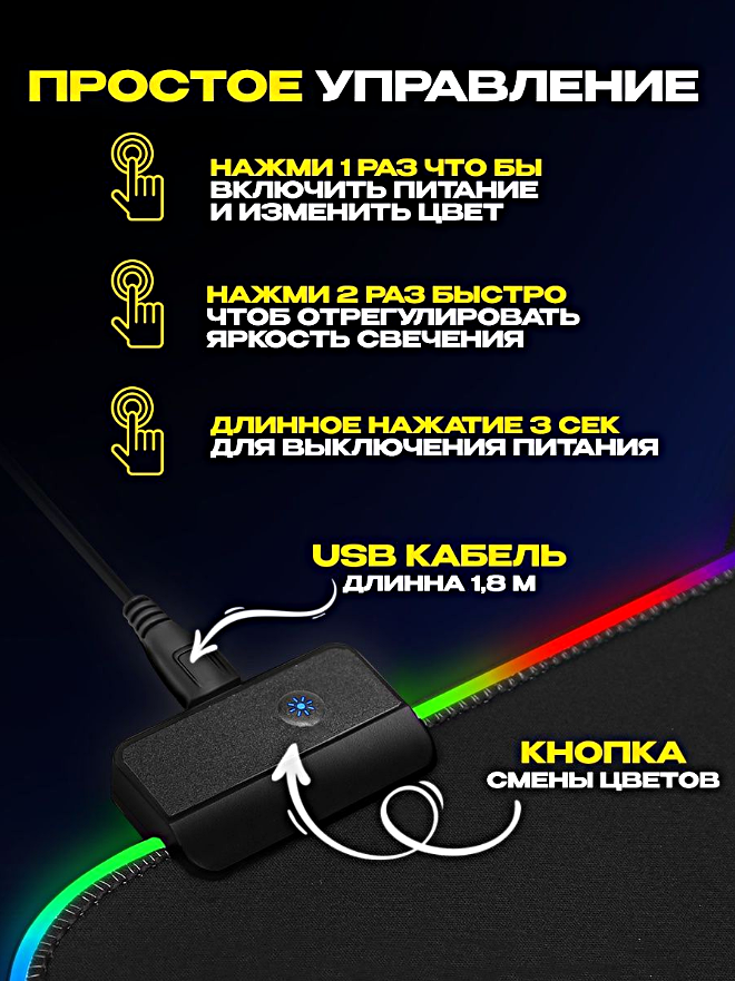 Игровой коврик для клавиатуры и мыши c RGB подсветкой Коврик для геймера 800х300х4 Черный