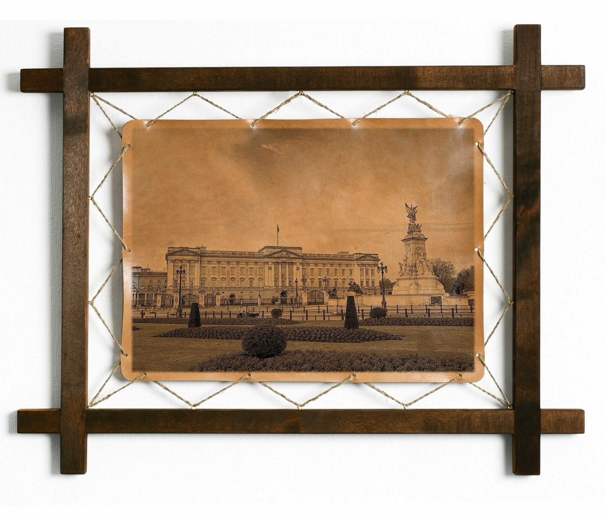 Картина Букингемский дворец, Англия, гравировка на натуральной коже, интерьерная для украшения и декора на стену в деревянной раме, подарок, BoomGift