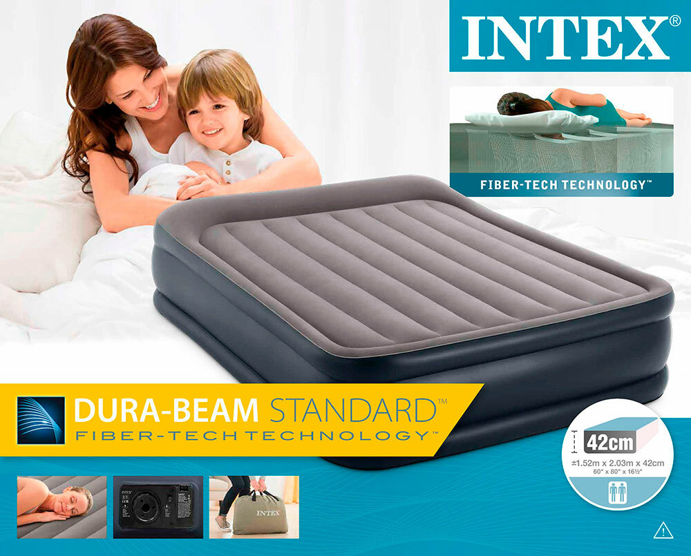 Надувная кровать Intex Deluxe Pillow Rest Raised Bed (64136), 203х152 см, серый/темно-синий — фото 1