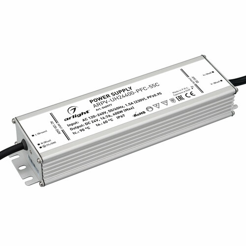 Блок питания ARPV-UH24400-PFC-55C (24V, 16.7A, 400W) (Arlight, IP67 Металл, 5 лет) Артикул 040977 блок питания arlight arpv uh24400 pfc 55c 24v 400w ip67 16 7a 040977