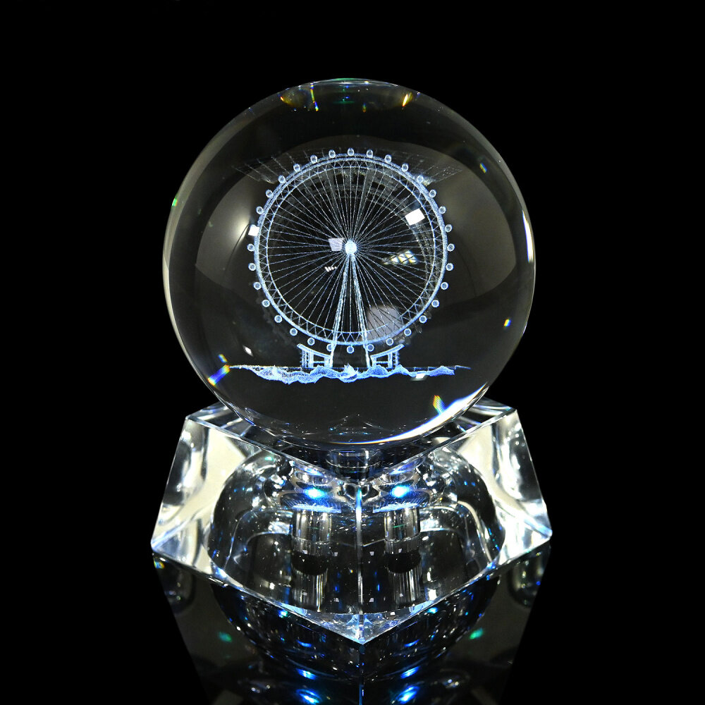 фото Шар с 3D гравировкой стеклянный "Колесо обозрения" на подставке с подсветкой, диаметр 59мм РадугаКамня