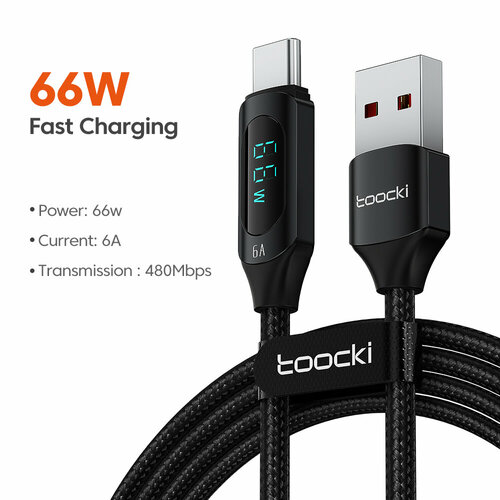 USB-Type-C кабель Toocki 6A, 66 Вт, с цифровым дисплеем в тканевой обмотке