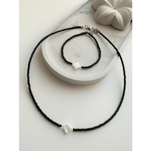 Комплект бижутерии браслет чокер перламутр бисер размер браслета 16 см размер кольецепочки 38 см черный 1400₽
