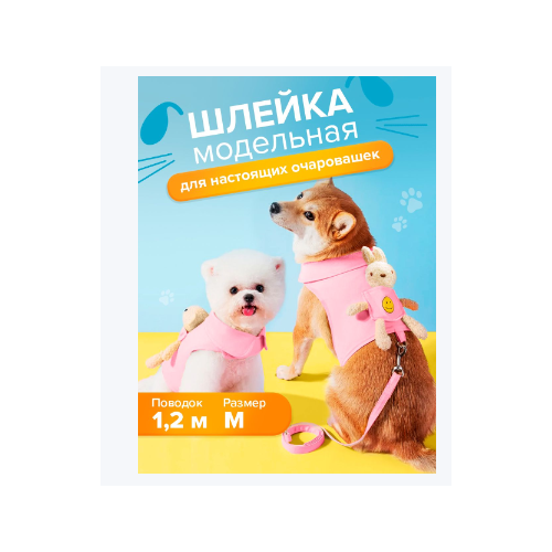 Шлейка для собак и кошек Conflate ZOO мелких и средних пород, с поводком, Мишка розовый М