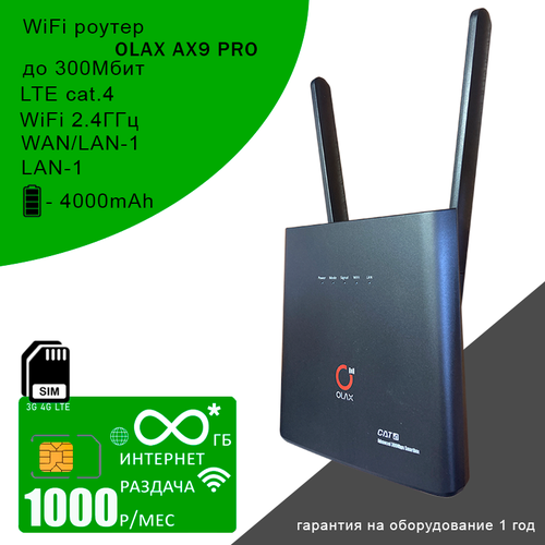 Роутер OLAX AX9 PRO black I АКБ 4000mAh I сим карта с безлимитным* интернетом и раздачей за 1000р/мес wi fi роутер olax ax9 pro black i акб 4000mah сим карта с интернетом и раздачей 5гб за 150р мес