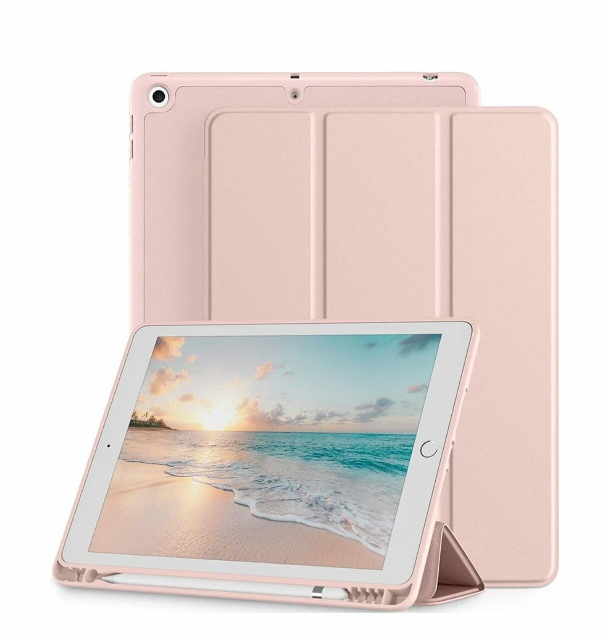 Чехол книжка для Apple iPad New 2017-2018 (9.7), с отделением для стилуса, автоблокировка экрана, трансформируется в подставку, цвет: розовый, пудровый
