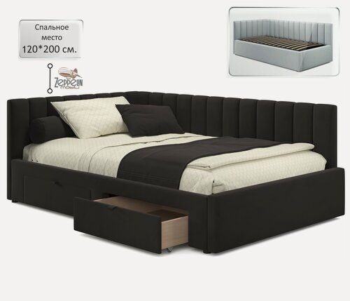 Изображение товара Кровать Milena Zeppelin 120х200 шоколад с ящиками, из велюра, с ортопедическими ламелями