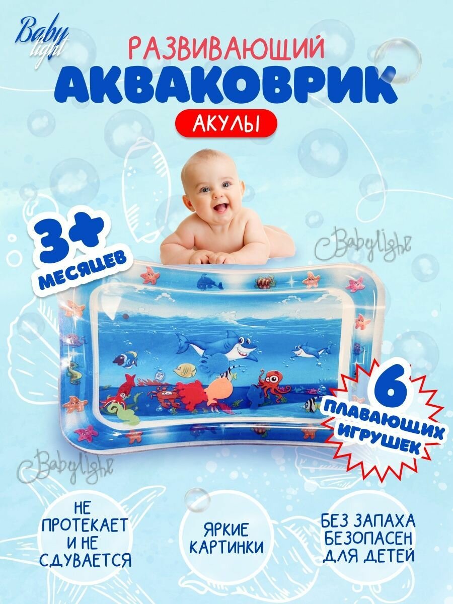 Игровой коврик Акваковрик MAGAZIN TOYS "Акулы", для малышей, с бортиками, ПВХ, 50 см х 68 см
