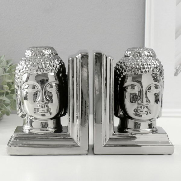Держатели для книг керамика "Голова Будды" набор 2 шт серебро 14.5х10х18.5 см