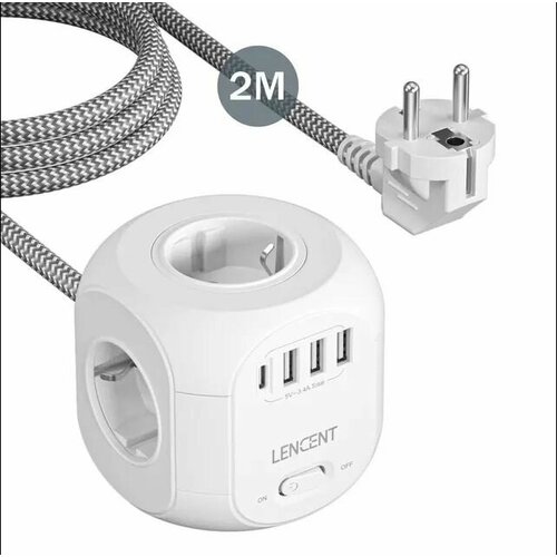 Сетевой удлинитель LENCENT с 4 розетками переменного тока 3 USB-порта 1 Type C 2 м3 м плетеный кабель мульти-розетка с переключателем для дома 4500₽