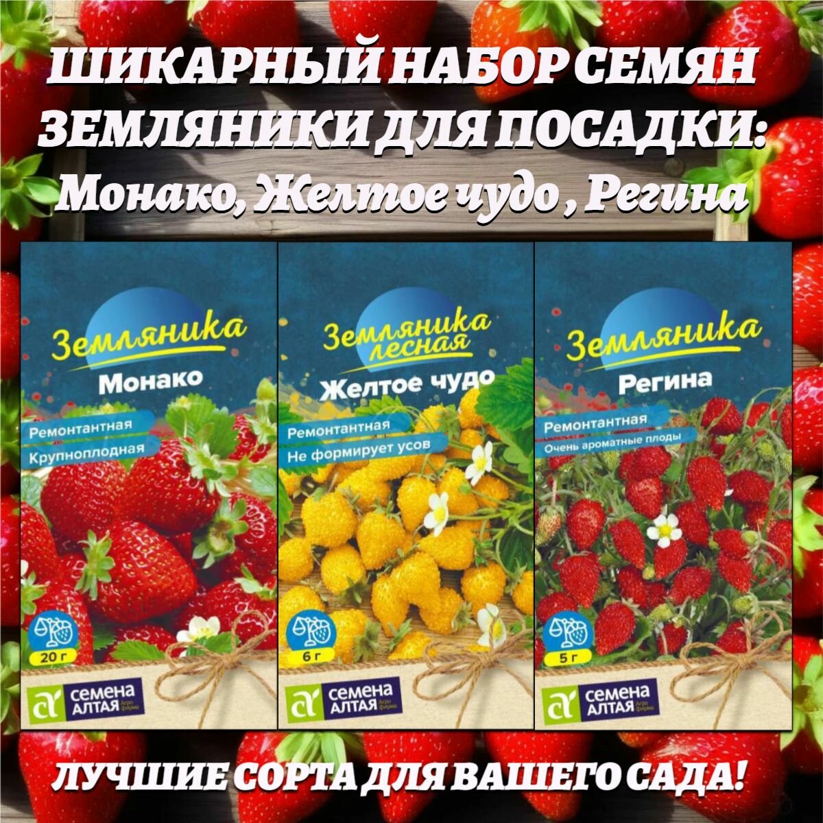 Шикарный набор семян земляники для посадки: Монако Желтое чудо  Регина. Семена Алтая