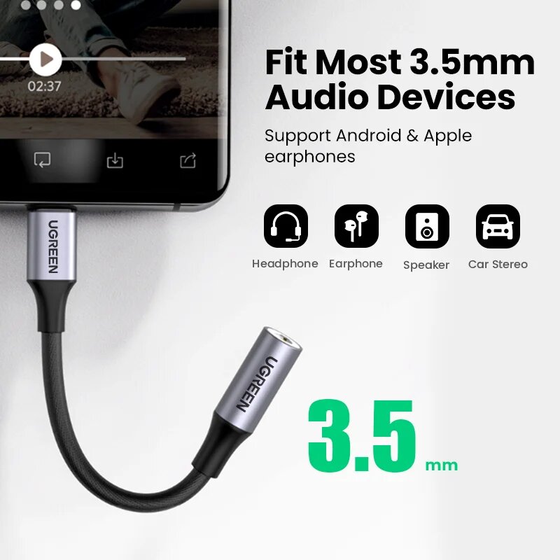 UGREEN USB Type-C к 3,5 мм аудио кабель, Angle Grey Connector, 10-12cm — фото 1