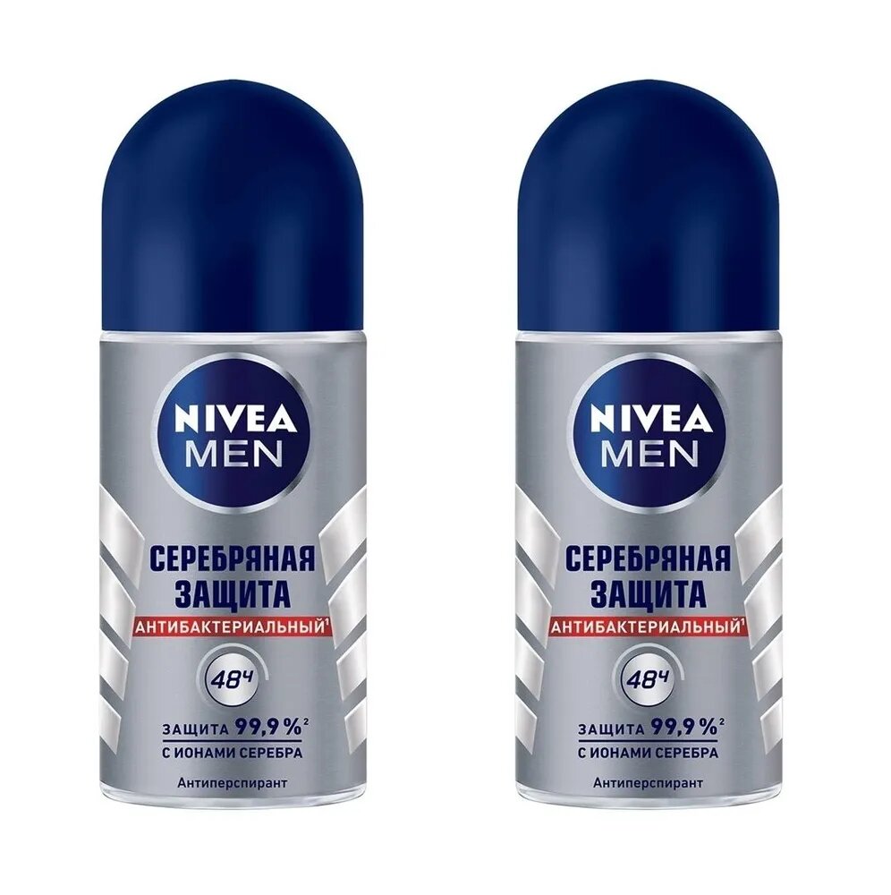 Дезодорант-антиперспирант шариковый NIVEA Men Серебряная защита антибактериальный с ионами серебра, 2 x 50 мл (2 штуки)