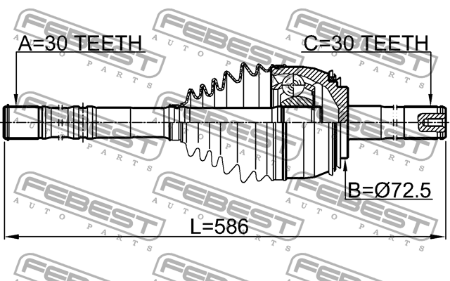 Привод TOYOTA LAND CRUISER 100 FZJ10#, HDJ100, HZJ105, UZJ100 1998.01- шрус наружный с валом 30x584x30 FEBEST 0114-074 — фото 1