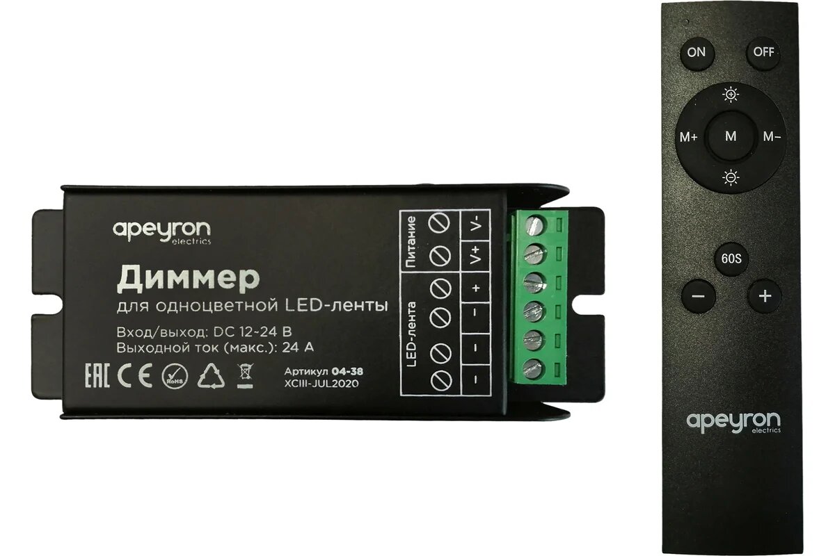 Apeyron Диммер 12/24В 288/576Вт 1 канал х 24А IP20 пульт 