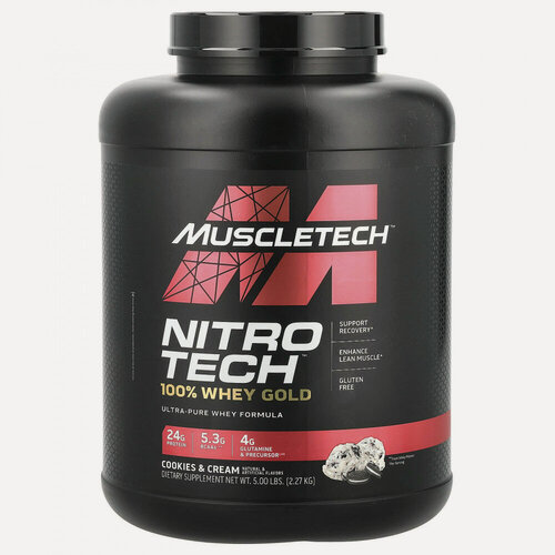 Изображение товара MuscleTech, Nitro-Tech™ 100% Whey Gold, сывороточный протеин, печенье и сливки, 2,27 кг (5 фунтов)