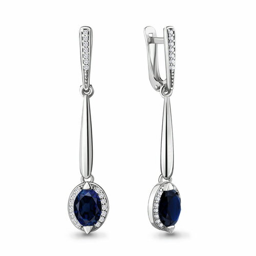 фото Серьги diamant online, серебро, 925 проба, фианит, сапфир синтетический, длина 4 см, , темно-синий