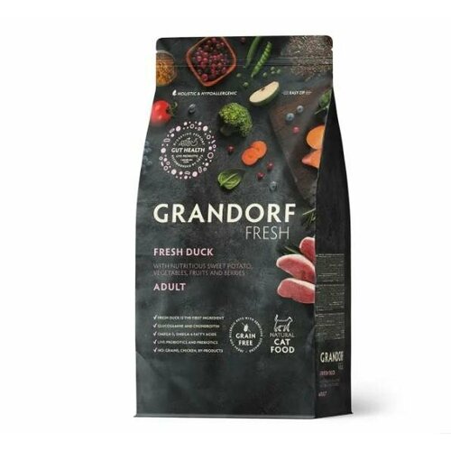 Grandorf Fresh Cat Adult Duck Sweet Potato сухой беззерновой корм с живыми пробиотиками для взрослых кошек с уткой и бататом - 400 г (1 шт)