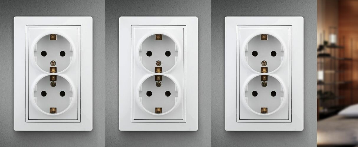Розетка с заземлением двойная (комплект 3 шт.) 2X2P+E Schuko, 16А-250В, IP20, СУ, белый