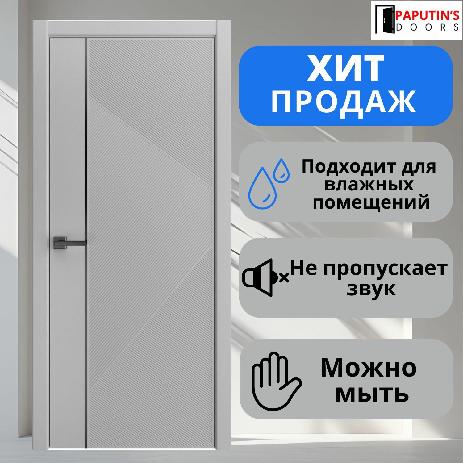 Дверь межкомнатная Fortuna серая с черным молдингом Глухая Paputin's Doors 800 х 2000 мм Комплект