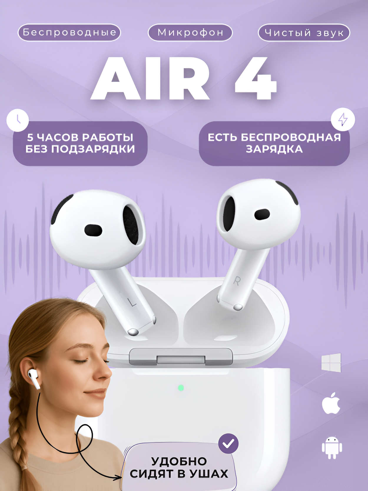 Беспроводные наушники для телефона Air 4 с зарядкой Type-c (2025) для iPhone и Android