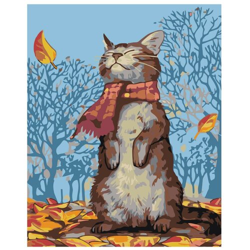 Картина по номерам, Живопись по номерам, 48 x 60, A62, кот, осень, шарф, листья, животное, природа, наслаждение, иллюстрация