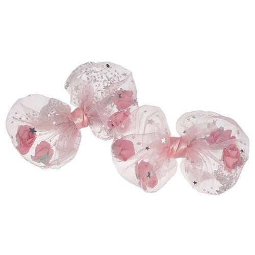 фото Детские фатиновые бантики 2 шт для волос на резинке с розами и блестками внутри, розовые baziator