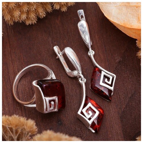 фото Гарнитур посеребрение 2 предмета: серьги, кольцо "янтарь" египет, цвет коричневый, 19 размер newstore