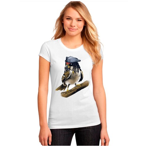 фото Женская белая футболка воробей, пират, шляпа. размер m drabs