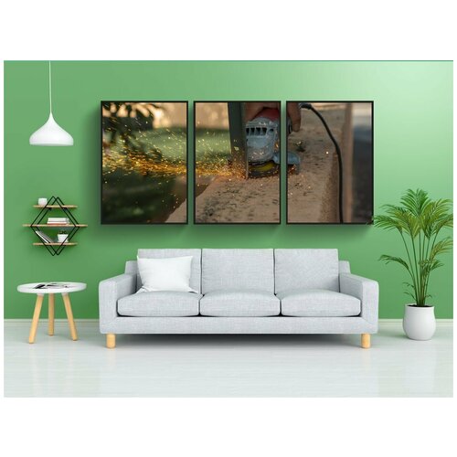 фото Набор модулных постеров для интерьера "орудие труда, шлифовальный станок, искры" 60x90 см. в тубусе, без рамки lotsprints