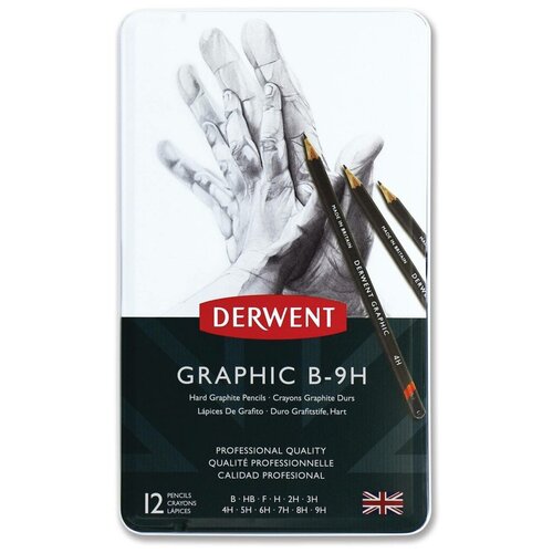 фото Набор чернографитовых карандашей graphic hard 12 шт. b-9h в металлической упаковке derwent 34213
