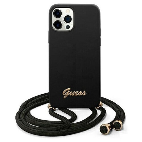 фото Чехол cg mobile guess liquid silicone gold metal logo hard+cord для iphone 12/12 pro, цвет черный (guhcp12mlsclmgbk)