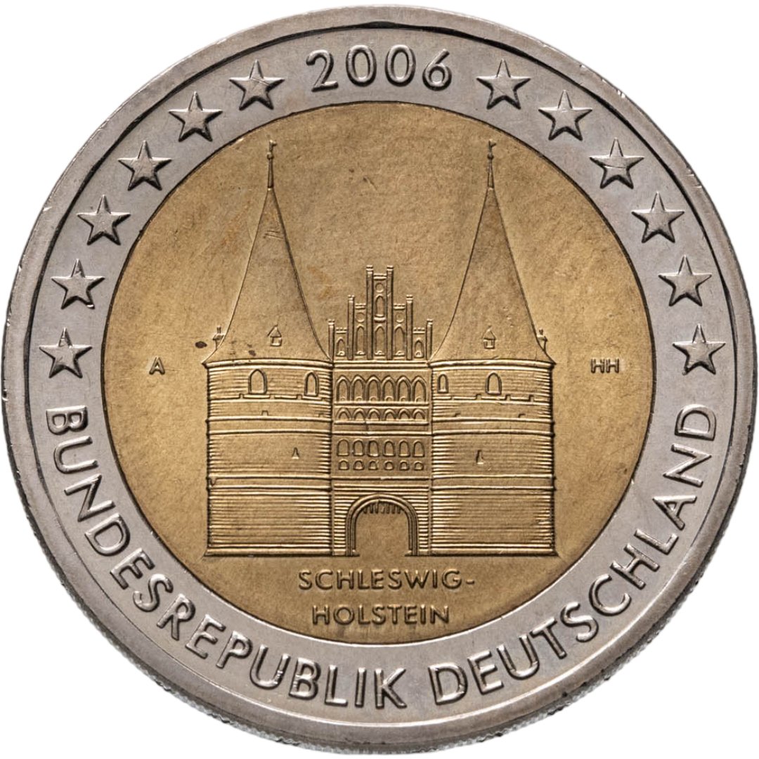 Германия 2 евро euro 2006 "Федеральные земли Германии: Шлезвиг-Гольштейн - Голштинские ворота в Любеке", знак монетного двора "А" - Берлин, Биметалл