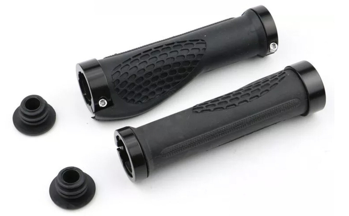 Грипсы руля велосипеда (ручки для велосипеда) 130 мм эргономические с алюминиевыми фиксирующими наконечниками, цвет черный
