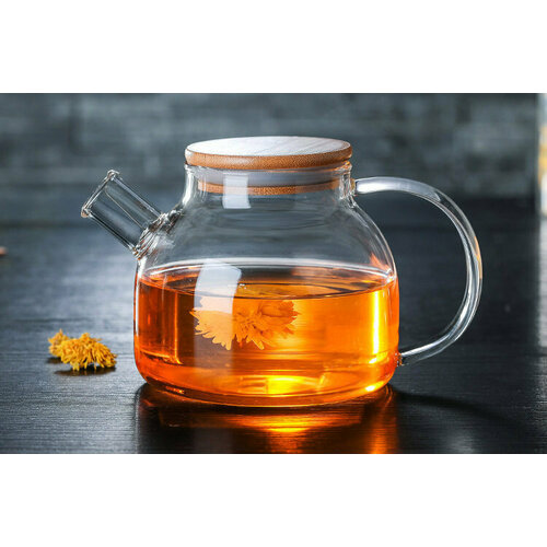 Чайник Заварочный Стеклянный С Бамбуковой Крышкой 1000мл Superlife. Чайник Бочонок Из Жаропрочного Стекла С Фильтр Пружинкой