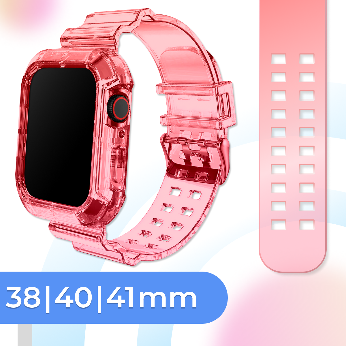 Прозрачный силиконовый ремешок для умных часов Apple Watch 38-40-41 mm / Спортивный браслет для смарт часов Эпл Вотч 1-9, SE / Красная роза