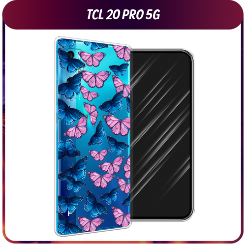 Силиконовый чехол на TCL 20 Pro 5G / ТСЛ 20 Про 5G "Розовые и голубые бабочки", прозрачный