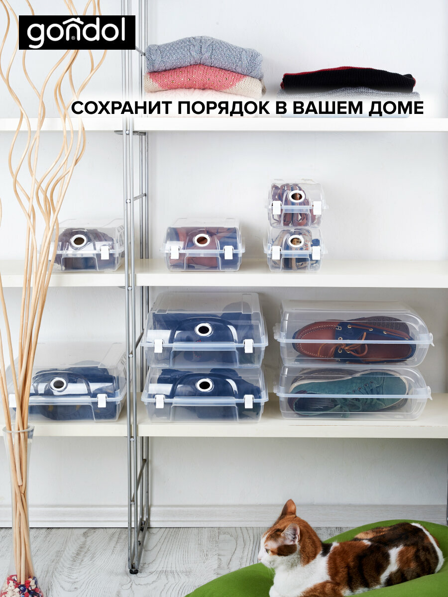 Коробка для хранения обуви с крышкой и защелкой, 32х19х10см, пластик, прозрачный — фото 1