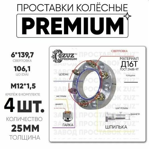 Проставки колёсные 4шт. 25мм 6*139,7 ЦО106,1 м12*1,5 гайка+шпилька 25мм с бортиком премиум