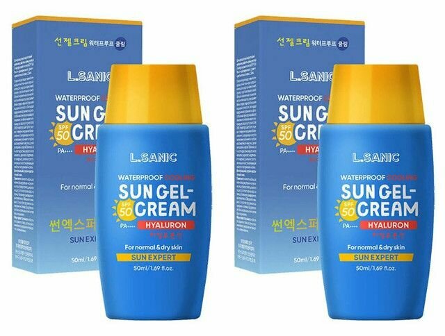 L.Sanic Гель-крем для лица солнцезащитный Sun Expert Hyaluronic Acid Waterproof Cooling Sun Gel-Cream, Увлажняющий, SPF 50, 50 мл, 2 шт