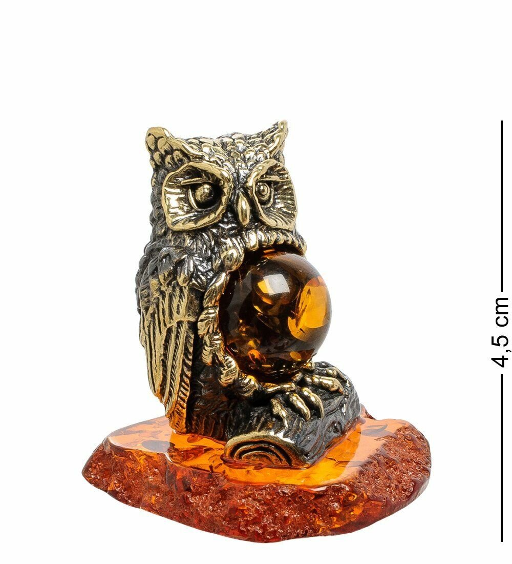 Фигурка 'Птица Филин на пне' (латунь, янтарь)