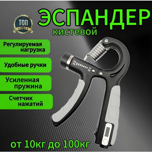 Эспандер кистевой пружинный со счетчиком и регулировкой нагрузки до 100 кг серый 334₽
