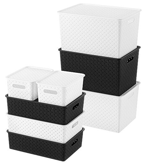 Корзинка / коробка для хранения с крышкой 8 шт Береста 3 л (2 штуки), 7,5 л (3 штуки), 14 л (3 штуки) El Casa, цвет черный, белый, набор - фотография № 1
