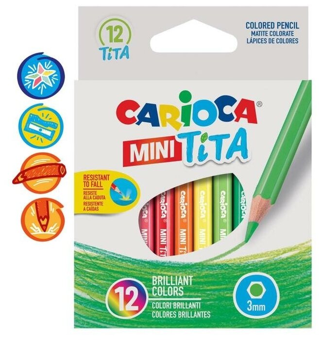 CARIOCA Карандаши 12 цветов мини Carioca "Tita mini", 85 мм, грифель 3.0 мм, шестигранные, пластиковые, картон, европодвес