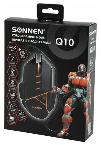 Мышь проводная игровая SONNEN Q10, 7 кнопок, программируемая, 6400 dpi, LED-подсветка, черная, 513522