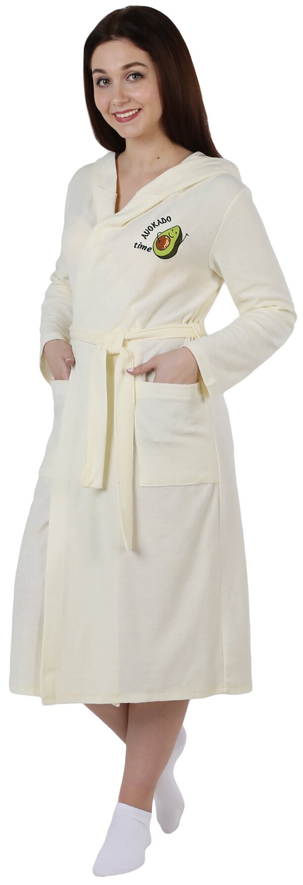 Женский халат Авокадо Кремовый размер 54 Махра на трикотажной основе Оптима трикотаж запашной с поясом с капюшоном рукав длинный карманы