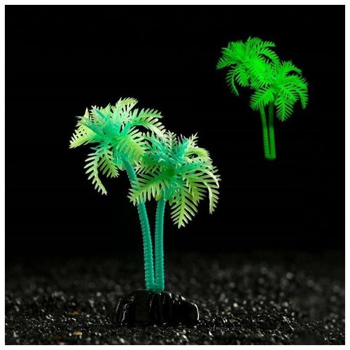 Растение искусственное аквариумное Пальма, светящееся, 10 см, зелёное
